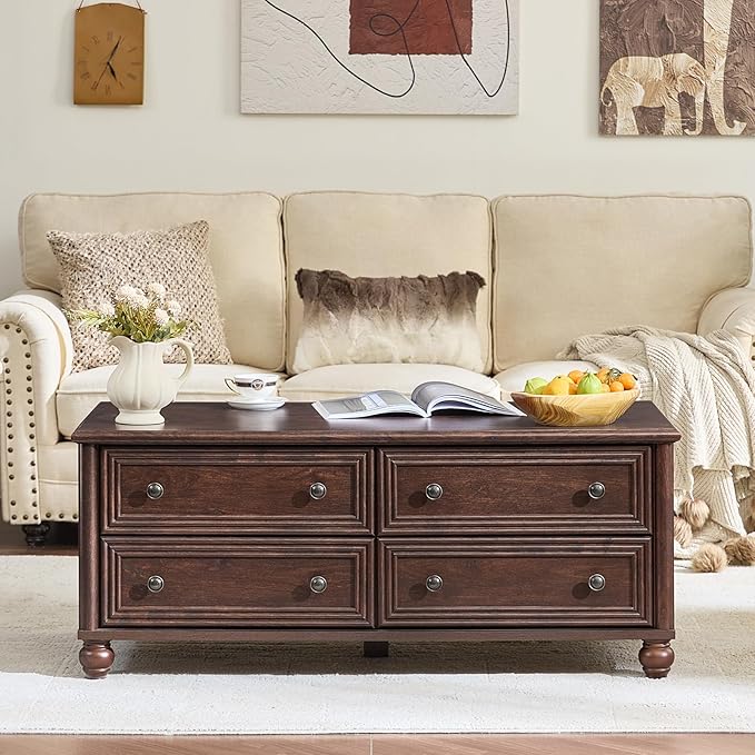 48" Farmhouse Coffee Table with Hidden Storage,Wooden Coffee Tables with 4 Drawers & Roman Column Handle,Rectangular Rustic Center Table with Solid Wood Curved Base for Living Room,Office,Walnut