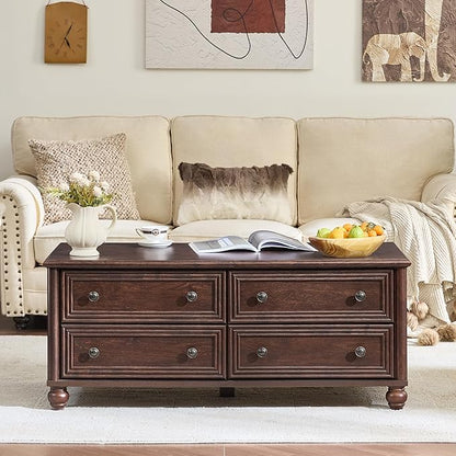 48" Farmhouse Coffee Table with Hidden Storage,Wooden Coffee Tables with 4 Drawers & Roman Column Handle,Rectangular Rustic Center Table with Solid Wood Curved Base for Living Room,Office,Walnut