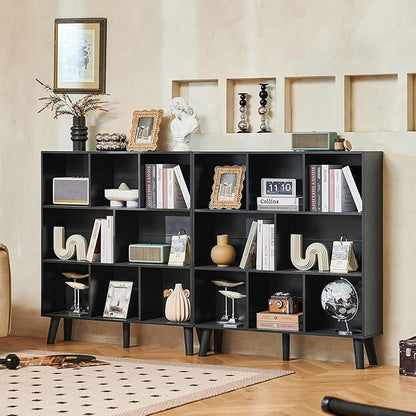 LEYAOYAO 8 Cube Bookshelf,3 Tier Bookcase with Legs,Black Mid-Century Modern Bookshelves,Large Open Storage Organizer Shelf, Wooden Book Case