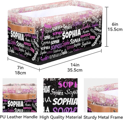 Custom Storage Baskets for Decor with Name, Small Organizer Collapsible Storage Bin with Leather Handle, Toilet Tank, Towel Storage, Entryway, light Pink Bling Bling with Black