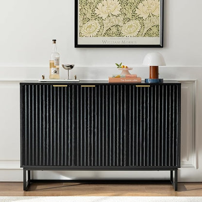 Fluted Storage Cabinet with 3 Doors, Sideboard Buffet Cabinets Adjustable Shelves, Credenza Console Table Cabinets for Living Room, Black
