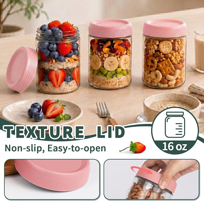 Pink Overnight Oats Container with Lids, Wide Mouth Mason Jars with Lids, Air Tight Overnight Oats Jars for Yogurt, Reusable Glass Jar for Pudding, Snack, Sugar, Breakfast, (6-Pack, 16oz)
