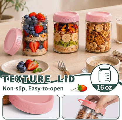 Pink Overnight Oats Container with Lids, Wide Mouth Mason Jars with Lids, Air Tight Overnight Oats Jars for Yogurt, Reusable Glass Jar for Pudding, Snack, Sugar, Breakfast, (6-Pack, 16oz)