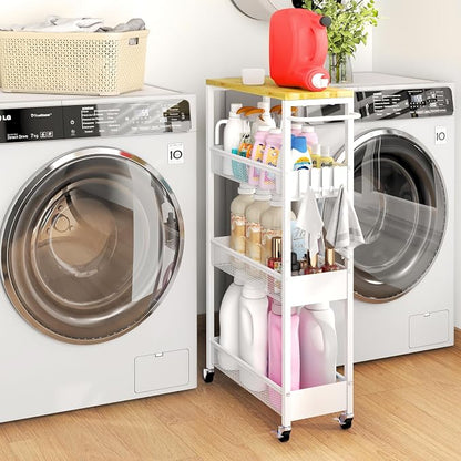 Vincona 7.1" Wide Slim Storage Cart on Wheels, 4 Tier Metal Narrow Rolling Cart with Handle and Wood Top, Multifunctional Small Mobile Shelf Unit Organizer Trolley for Laundry, Bathroom, Kitchen