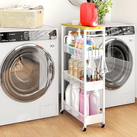 Vincona 7.1" Wide Slim Storage Cart on Wheels, 4 Tier Metal Narrow Rolling Cart with Handle and Wood Top, Multifunctional Small Mobile Shelf Unit Organizer Trolley for Laundry, Bathroom, Kitchen