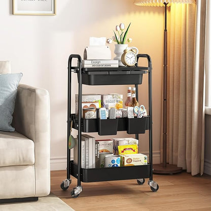 3 Tier Metal Rolling Utility Cart with Drawer & Lockable Wheels - Heavy Duty Multifunctional Storage Organizer with 2 Cups and 4 Hooks for Bathroom, Kitchen, Snack, Craft, Makeup, Baby Essentials