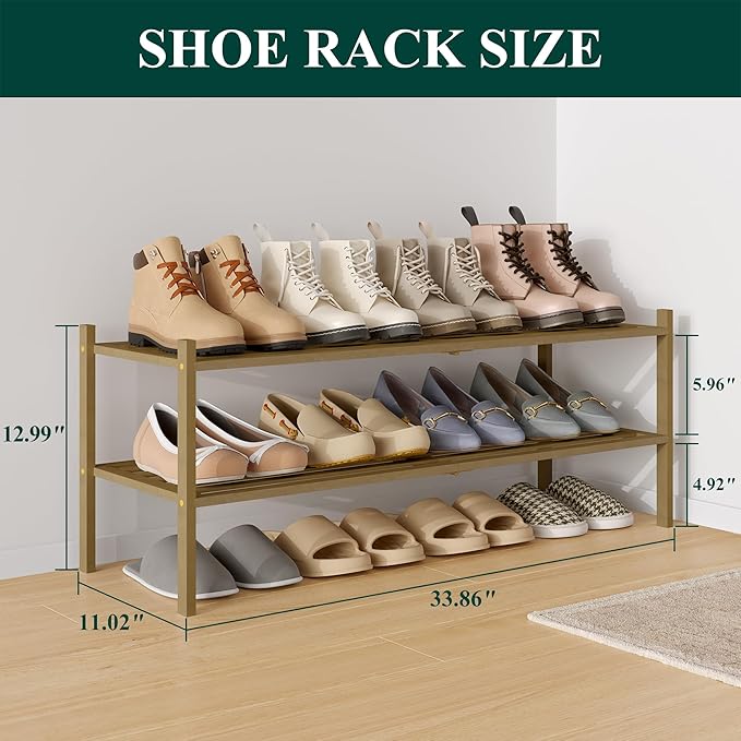 Smiry Long Bamboo Shoe Rack 2-Tier, Stackable Wooden Shoe Organizer for Entryway & Closet, Free Standing Wood Shoe Storage Shelf for Front Door & Small Spaces, Walnut