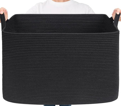 Goodpick Large Woven Storage Basket, 105L Extra Large Blanket Basket for Living Room, Bedroom, Rectangle Cotton Rope Organizer for Toy Storage, 25”x16”x16”, Black