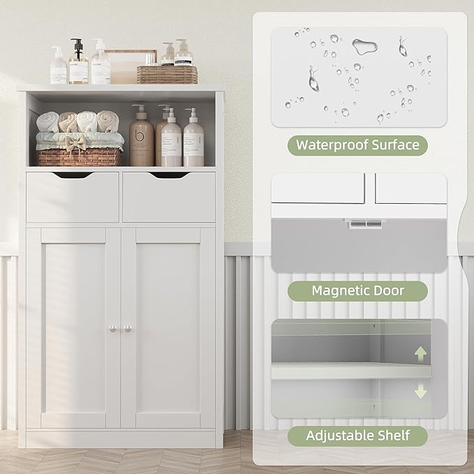 Shintenchi Floor Storage Cabinet, Bathroom Storage Organizer with Doors and Drawers, Freestanding Side Cupboard Pantry with Adjustable Shelf for Bathroom/Kitchen/Livingroom, White