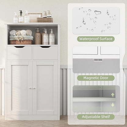 Shintenchi Floor Storage Cabinet, Bathroom Storage Organizer with Doors and Drawers, Freestanding Side Cupboard Pantry with Adjustable Shelf for Bathroom/Kitchen/Livingroom, White