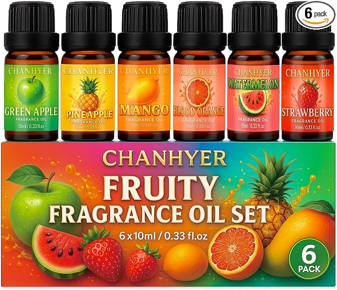 Fruity Essential Oils Set-6x10ml-Green Apple,Watermelon,Strawberry,Pineapple,Blood Orange,Mango,Sweet Aromatherapy Oils for Diffuser,Humidifier,Candle&Soap Making