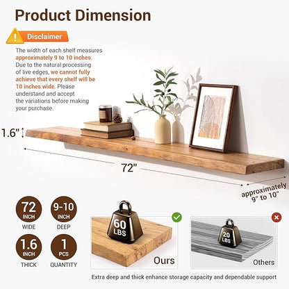 fuqing Live Edge Floating Shelves for Wall 72 Inch - 9 Inch Deep Rustic Solid Elm Wood Floating Wall Shelves - Natural Wooden Shelves with Heavy Duty Brackets and Anchors