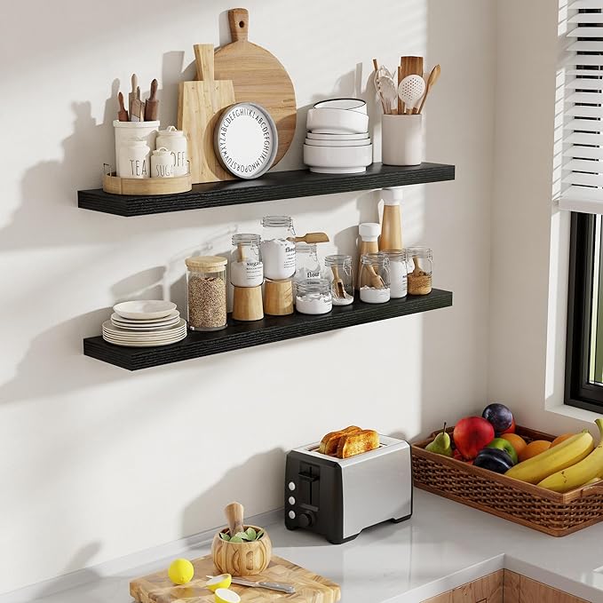Acovy 40 Inch Floating Shelves, 8 Inch Deep Floating Shelves for Wall, Hanging Shelf with Invisible Brackets, Deep Shelves for Bathroom, Bedroom, Living Room, Black, Set of 2