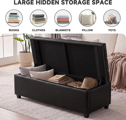 Mangodan 43" Storage Ottoman Bench, Tufted Ottoman with Storage for Living Room, Large End of Bed Ottomans, Modern Entryway Benchs, Window & Bedroom Benches for Foot of Bed (Faux Leather Black)