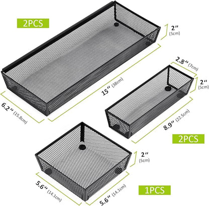 Neudeco Drawer Organizer, Black, 5 Pack, 15x6.2x2 inches | Metal Mesh Silverware Tray, Interlocking Design, 5 Compartment, For Kitchen Utensils