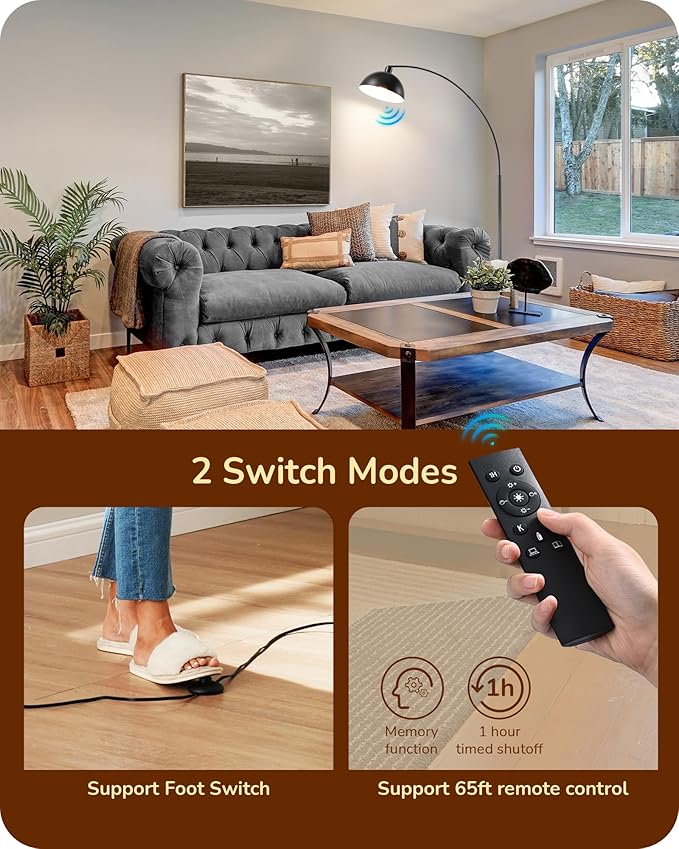 EDISHINE Modern Arc Floor Lamp, 78.3" Mid Century Standing Lamp Over Chair with Remote & Foot Switch, Rotatable Lamp Head, Metal Floor Lamps for Living Room, Bedroom, Office, Dining Room, Black