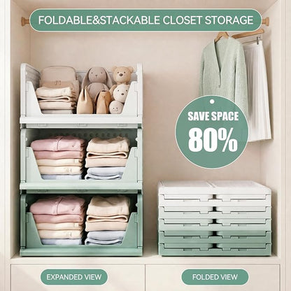 Pinkpum Green Boy Closet Organizers and Storage Stackable Plastic Drawer Basket for Clothing Stackable Storage Bins Shelf Storage Container for Rv Closet Wardrobe Bedroom Bathroom Playroom Man 6 Pack