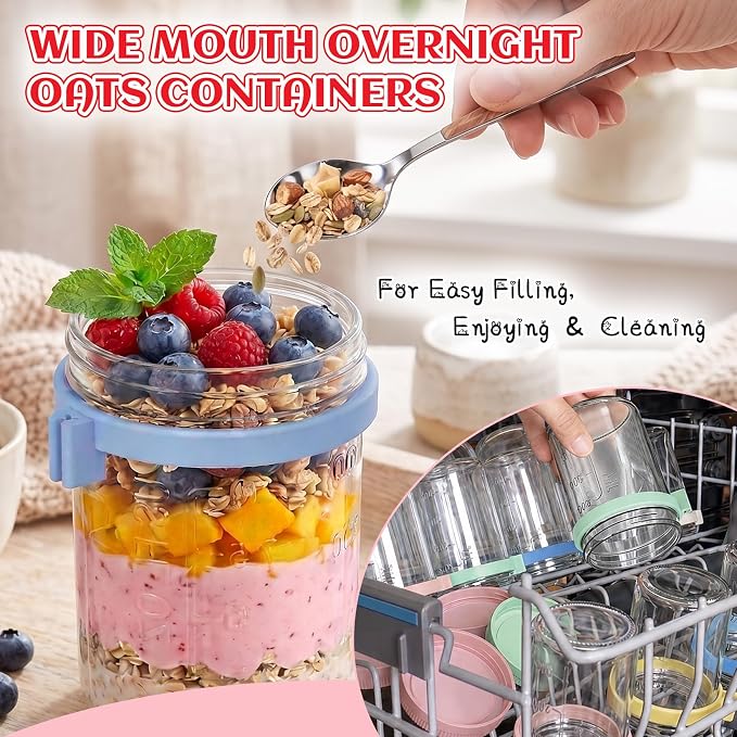 Overnight Oats Containers with Lids 4 Pack Mason Jars 16oz Glass Jar with Lid and Spoons Airtight Food Storage Containers Chia Seed Pudding Jars for Overnight Oats Parfait Yogurt Fruit Salad