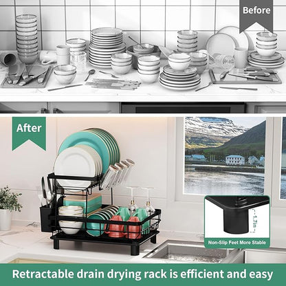 MOUKABAL Dish Drying Rack, Dish Rack, Stainless Steel Dish Racks for Kitchen Counter, Dish Drainer with Removable Utensil Holder, Drainboard (Black,2 Tier,13''W x 17''L)