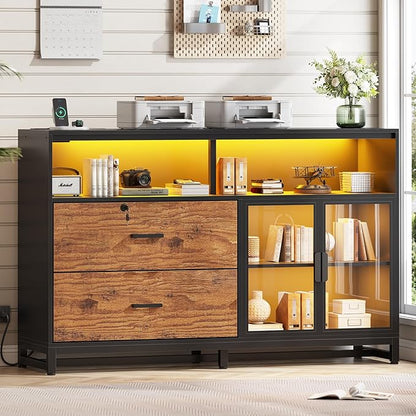 SEDETA 59" File Cabinet, 2 Drawers Filing Cabinets for Home Office fit Legal/Letter/A4 File, File Cabinet with Lock & Power Outlets, Printer Stand with Storage & LED Lights, Rustic Brown
