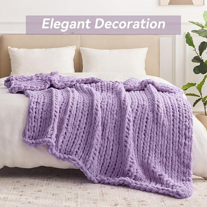 Negwoo Chunky Knit Throw Blanket, 60''*80'' Knitted Throw Chenille Yarn for Bed Couch, Handmade Light Purple Crochet Big Thick Blanket, Machine Washable Cute Comfy Blanket for Home Decor
