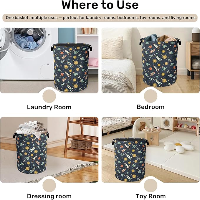 Cartoon Planet Space Foldable Canvas Laundry Basket with Handles - Toy Organizer, Heavy Duty for Home，Bedroom, Dorm, Bathroom