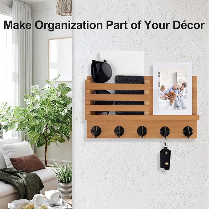 Lwenki Key Holder for Wall – Decorative Wooden Mail Holder and Key Shelf with Mounting Hardware, Installation Guide – Paulownia Wood with Metal Key Hooks (Light Brown, Large - 11.8inch)
