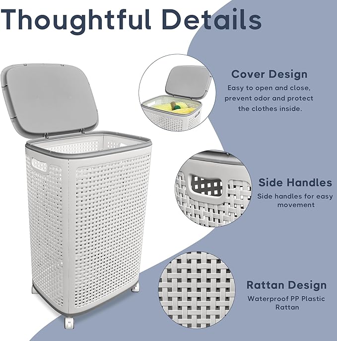 Sufdari 90L Laundry Basket with Wheels, Rolling Laundry Hamper with Lid and Handles, Plastic Rattan Clothes Organizer, Dirty Clothes Basket for Laundry Room, Bedroom, Dormitory Storage