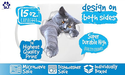 Winston & Bear Playing Grey Cat Mug - Gray Cat Ceramic Coffee Mug - Perfect Grey Cat Gifts - Funny Playing Grey Cat Coffee Mug for Cat Lovers (15oz)