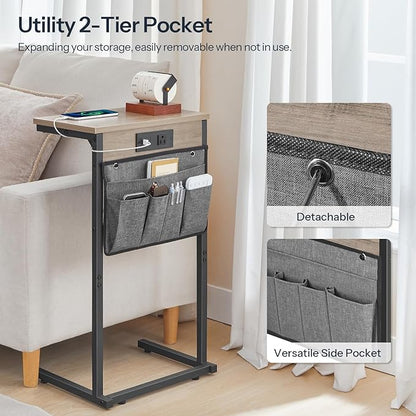 HOOBRO C Shaped End Table with Charging Station, 28" Tall Couch Table for Couch and Recliner for Small Spaces, Slide Under Sofa Table TV Tray with Storage Bag for Living Room, Greige BG70USF01