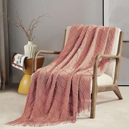 BOURINA Coral Pink Throw Blanket 50 x70 Inches Jacquard Argyle Throw Textured Solid Soft Throws and Blankets for Sofa or Bed Knitted Decorative Blanket