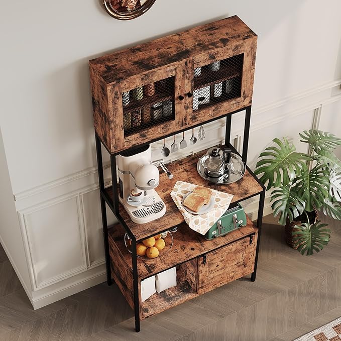 GarveeHome 5-Tier Bakers Rack with Charging Station and Storage, Kitchen 63" Industrial Microwave Stand Freestanding Utility Shelves Shelf for Dining Room Living Room Apartments – Vintage Brown
