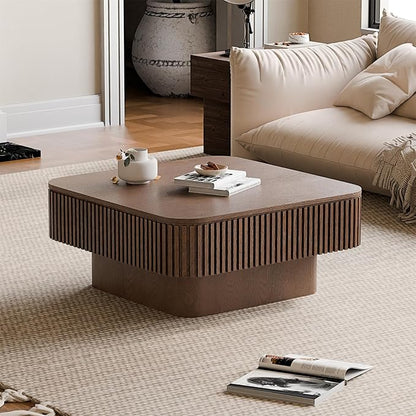 Square Coffee Table for Living Room,Fluted Drum Accent Tea Center Table with Storage,Solid Wood Modern Coffee Tables for Small Space Office Apartment (31.5" L×31.5''W×14''H-Walnut)