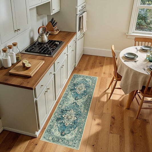 RELEANY Area Rugs Runner 2'x5' Washable Non-Slip, Floral Vintage Distress Medallion Carpet for Kitchen Hallway Bedroom Beside Laundry Room Bathroom, Dark Blue Vintage