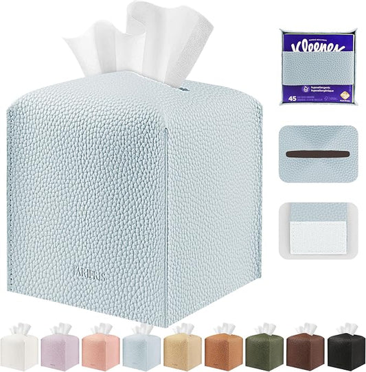 Tissue Box Cover Holder Square Tissue Cube Cover PU Leather Tissue Organizer with Bottom Belt for Bathroom, Tabletop, Car, Night Stands, Office, Home, Kitchen (1, Blue)