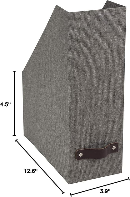 Bigso Box of Sweden Estelle Canvas Fiberboard Upright Magazine Storage Box Organizer for Papers & Catalogs w/Leather Handle | Magazine File Holder for Office Desks | 12.6" x 4.5" x 9.8" | Gray