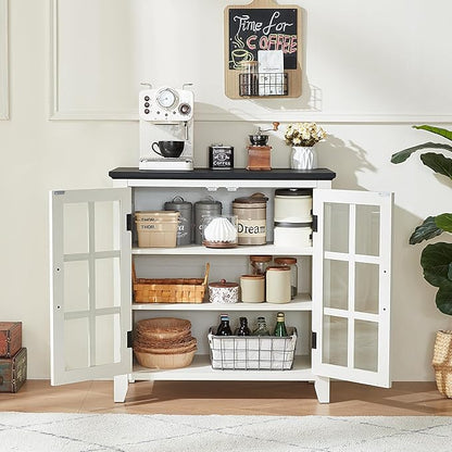 Sideboard Buffet Cabinet with Storage, 32" Farmhouse Kitchen Coffee Wine Bar Cabinet with 2 Glass Doors, Wood Mid Century Modern Side Board Table for Dining Room, Living Room, White