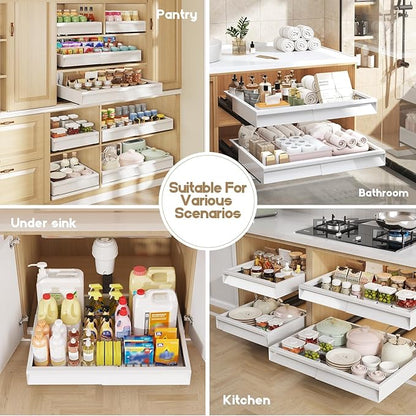 Seinloes Pull Out Cabinet Organizer, 4-Side Expandable to Fit Most Cabinets, 3 Rail Slide Out Drawers with Raising Pad for Framed & Frameless Cabinets, 13"-21" W x 13"-17" D, White, 2 Pack