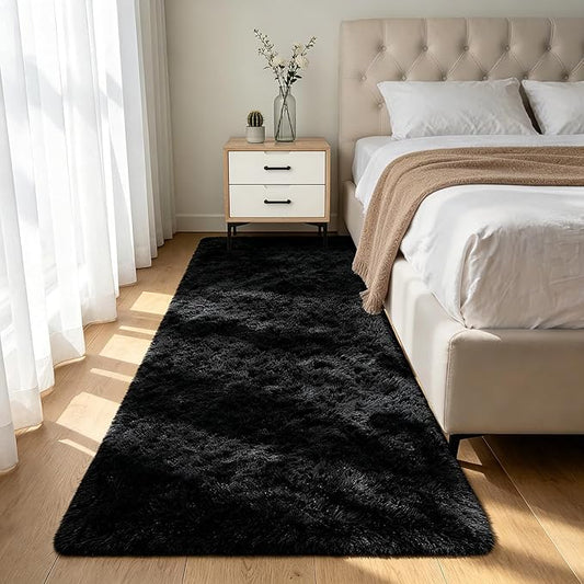 Shag Area Rugs for Bedroom Living Room,2x6 Ultra Soft Fluffy Runner Area Rugs for Dorm,Indoor Carpet Plush Rugs for Living Room Home Decor, Black