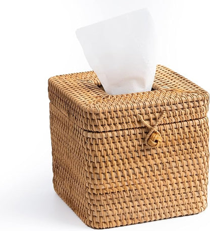 Rattan Square Tissue Box Cover- 5.7" x 5.7" x 5"-Decorative Woven Facial Tissue Holder with Hinged Top Lid- Facial Box for Home, Office,Bathrooms, Decoration (Yellow)