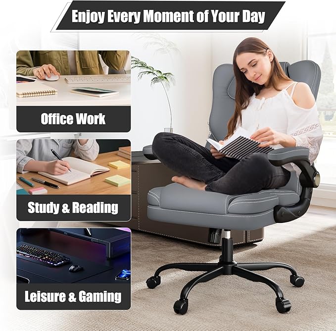 Ergonomic Office Chair with Flip-up Armrests 300lbs,Middle-Tall Computer Office Desk Chair with Lumbar Support,Executive PU Leather Chair with Rocking Function Adjustable Height for Home Office