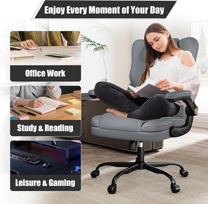 Ergonomic Office Chair with Flip-up Armrests 300lbs,Middle-Tall Computer Office Desk Chair with Lumbar Support,Executive PU Leather Chair with Rocking Function Adjustable Height for Home Office
