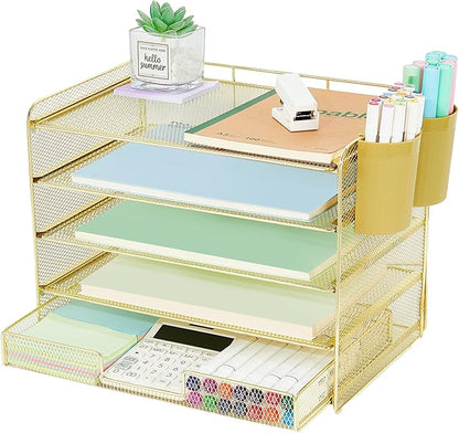 Desk Organizer and Accessories, 5-Tier Paper Letter Tray Organizer with Drawer & 2 Pen Holders for Desktop File Organization, Office Desk Accessories for Supplies Storage (Gold)