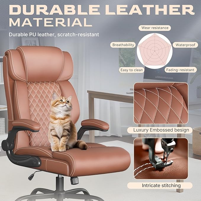Office Chair-Executive High Back Breathable Comfy Desk Chair with Flip-up Armrests Lumbar Support-Ergonomic Leather Rolling Swivel Chair with Rock Function for Working Studying Gaming