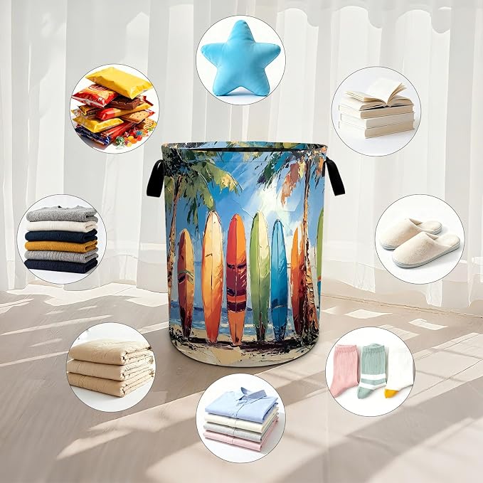 Surfboard Laundry Basket Waterproof Laundry Hamper Foldable Laundry Bag with Handles for Bedroom, Bathroom, Office, Clothes Storage