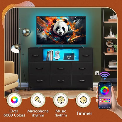 WLIVE Black Dresser TV Stand for 45, 50, 55 inch TV, Entertainment Center with LED Lights & Charging Station, Chest of Drawers with 8 Fabric Drawers and Open Shelves for Living Room, Hallway, Wood Top