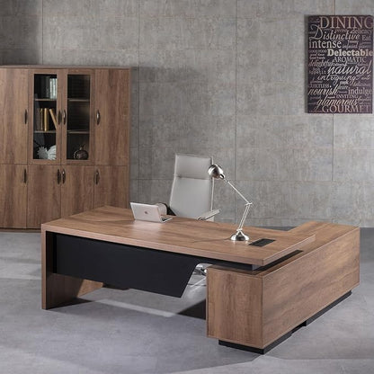 SAINTCY Retractable L-Shaped Executive Desk, Commercial-Grade Office Desk with Reversible Storage Cabinet, Built-in Power Hub, Modern Executive Desk for Home & Business Office