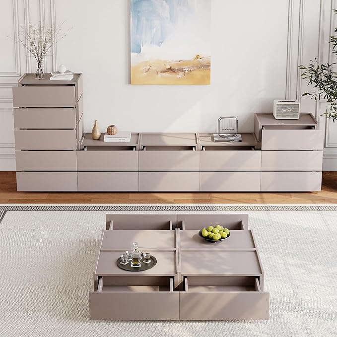 Coffee Table with Storage,Modern Center Table with 4 Hidden Drawers for Living Room,Rectangle Coffee Table for Home Furniture,Bedroom,Beige Gray