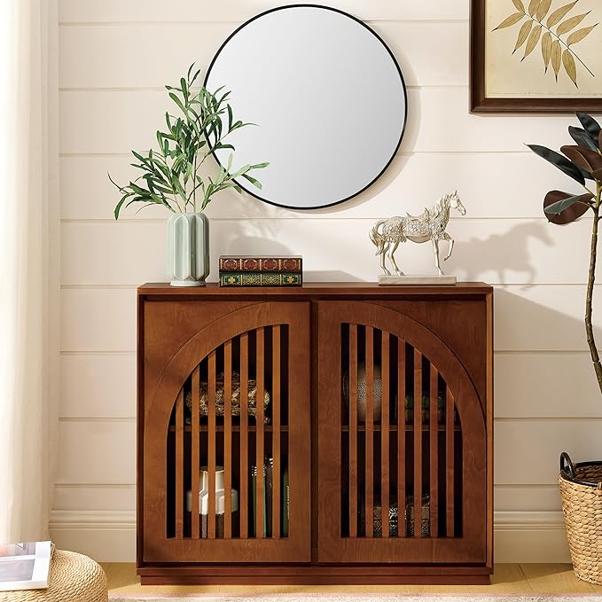 LKTART Sideboard Buffet Cabinet with Storage, Mid Century Modern Credenza with Arch Doors & Shelves, Wood Coffee Bar Media Console Table for Kitchen, Living Room, Entryway-Brown