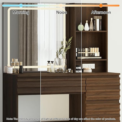 Fluted Vanity Desk with HD Mirror and Lights, Wood Makeup Vanity Table with 4 Drawers & Open Shelves, Mid Century Dressing Table Set with Charging Station, 3 Color Lighting Modes for Bedroom, Walnut